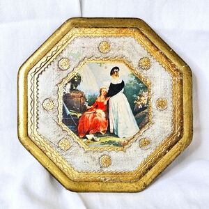Vintage Italian Florentine Wooden Plaque with Print of "La Lecture" Circa 60s
